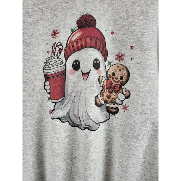 Gildan Heavy Blend Christmas Ghost Sweatshirt L Womens Gray Pullover Crew Neck - Picture 4 of 6